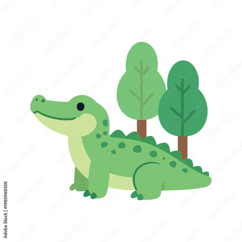 Obraz premium Stylized alligator standing near two trees in a simple and playful illustration