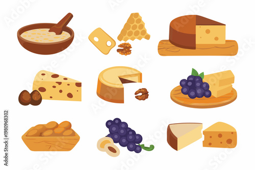 Assortment of cheeses honey nuts and grapes in a cartoon style