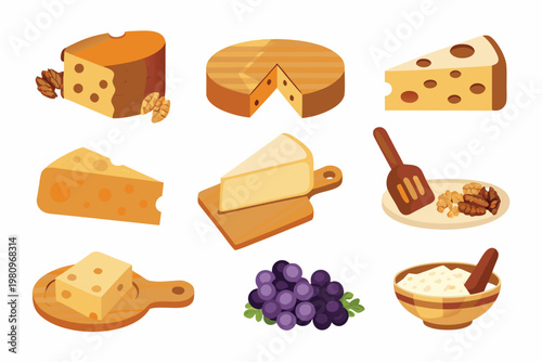 Assorted cheeses grapes and accompaniments in a colorful illustration