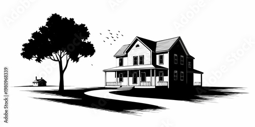 A vintage black and white illustration of a house with surrounding landscape