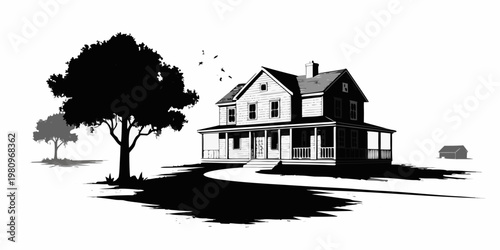 Black and white illustration of a classic american farmhouse with trees