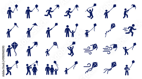 Diverse collection of stick figure icons representing people flying kites in various poses and scenarios, celebrating outdoor fun and leisure activities.
