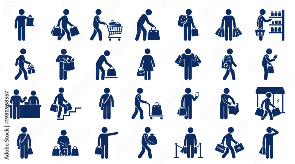 Fototapeta premium Collection of blue pictogram icons representing people shopping and consumer activities in various scenarios and poses