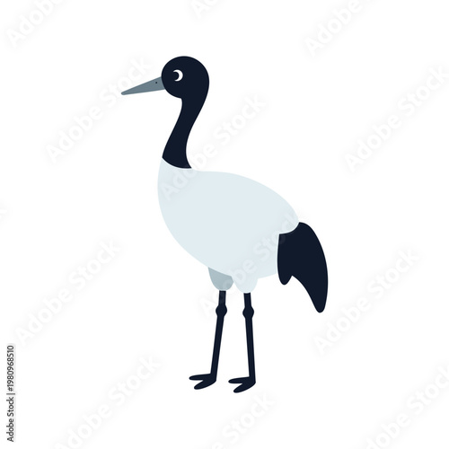 Stylized red-crowned crane stands tall with its distinctive black, white, and gray plumage