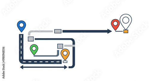 GPS Navigation Route Map with Location Pins and Directional Arrows for Logistics Tracking
