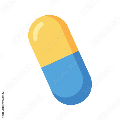 Blue and yellow pill capsule isolated on white background in flat vector illustration