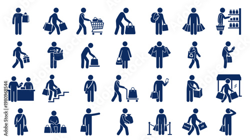 Collection of blue shopping icons representing people buying goods and services in retail environments and online stores