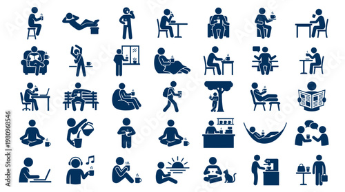 Collection of diverse human icons representing relaxation activities and daily routines like drinking coffee reading and meditating