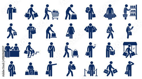 Collection of blue pictogram icons representing people shopping and consumer activities in various scenarios and poses