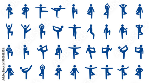 Collection of blue human stick figure icons demonstrating various yoga poses and balance exercises on a white background symbolizing health and wellness