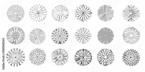 Collection of grayscale circular fractured designs resembling snowflakes or blossoms