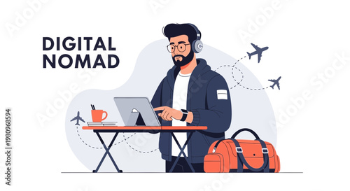 Digital Nomad Working Remotely with Laptop and Luggage, Traveling by Airplane