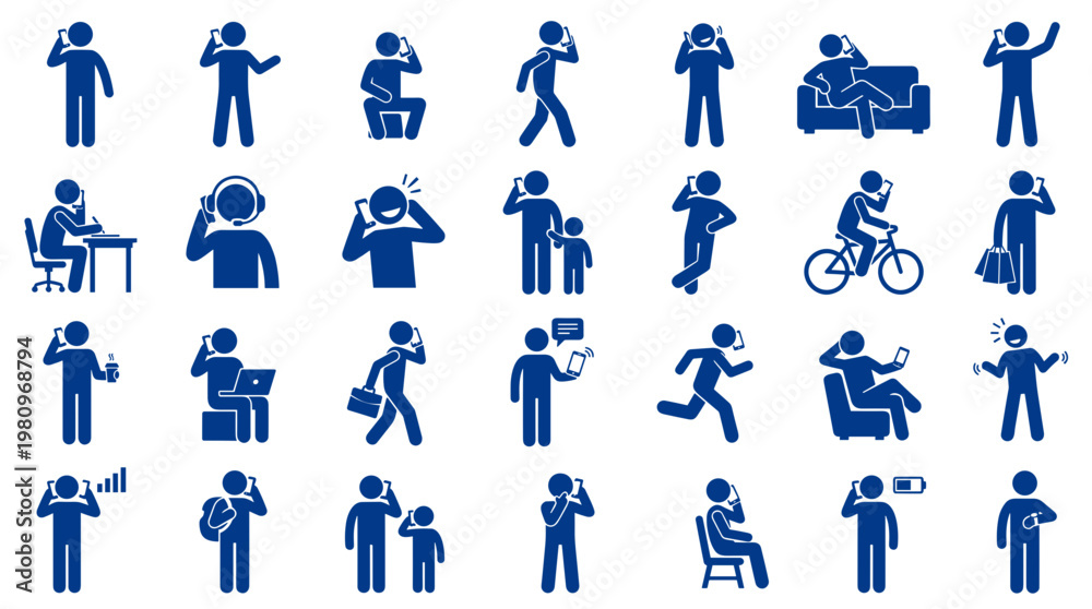 Fototapeta premium Collection of blue stick figures engaged in various activities using mobile phones and smartphones in different poses and situations