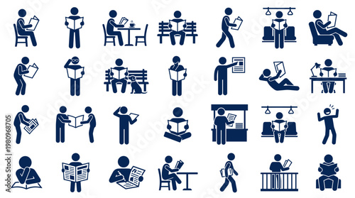 Collection of stick figure icons representing people reading books in various settings and poses, illustrating literacy and knowledge acquisition.