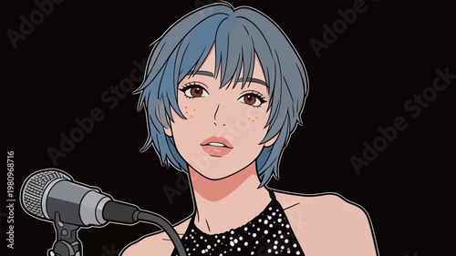 Anime-style Girl Singing with Microphone