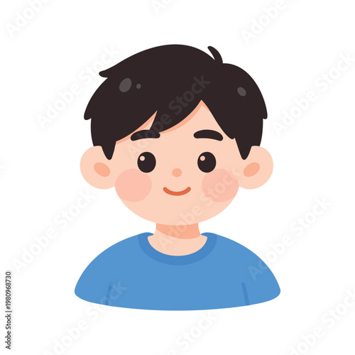Cartoon illustration of a young boy smiling with rosy cheeks and wearing a blue shirt