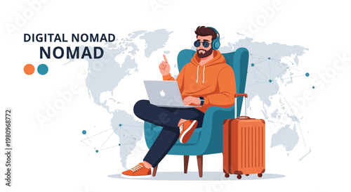 Digital Nomad Working Remotely with Laptop and Suitcase on World Map Background