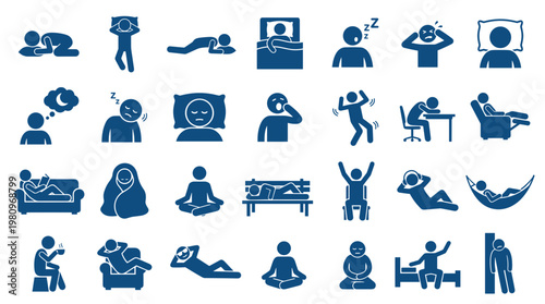 Collection of blue pictogram icons representing various human states and activities like sleeping resting relaxation and stress