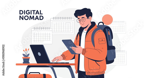 Digital Nomad Working Remotely with Laptop and Tablet, Traveling Concept