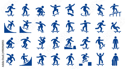 Collection of diverse skateboarder icons showcasing dynamic action poses and tricks on a white background representing extreme sports and active lifestyle