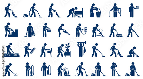 Collection of diverse pictogram icons representing various cleaning activities and household chores with vacuum cleaners and brooms