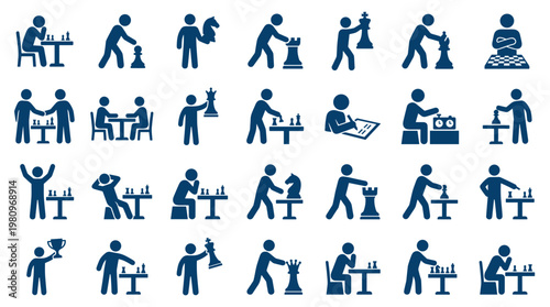 Collection of blue stick figures playing chess, representing strategy, competition, and intellectual games, with various poses and scenarios.