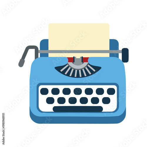 Illustration of an old light blue typewriter with a cream colored paper sticking out