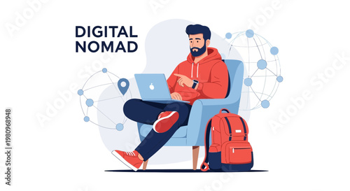 Digital Nomad Working Remotely With Laptop, Backpack, and Global Network