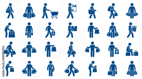 Collection of diverse blue stick figure icons representing people engaged in shopping activities with bags and carts, symbolizing consumerism and retail.