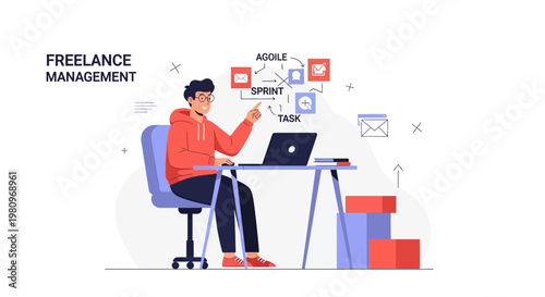 Freelance Management: Agile Sprint Task Planning with Laptop and Icons