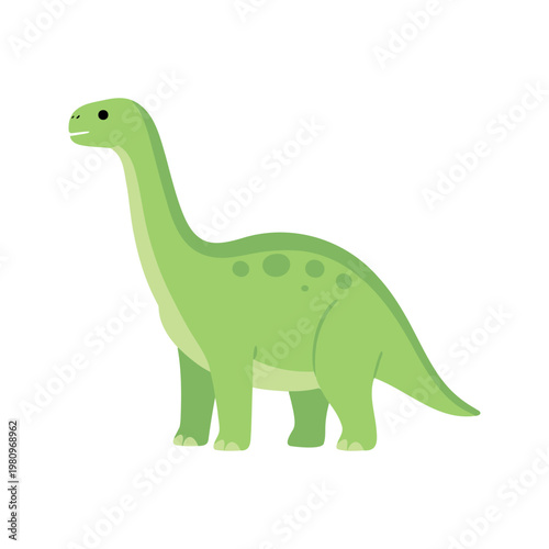 Illustration of a cute, light green brachiosaurus dinosaur with a long neck on white