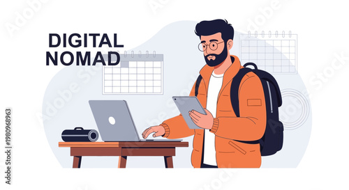 Digital Nomad Working Remotely with Laptop and Tablet, Traveling Lifestyle