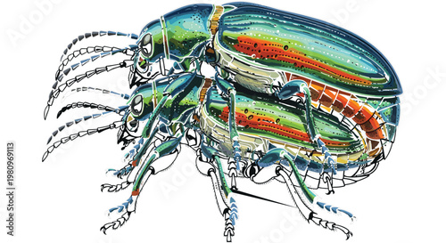 Iridescent Beetle Illustration with Detailed Metallic Body for Insect, Nature, and Entomology Design Projects