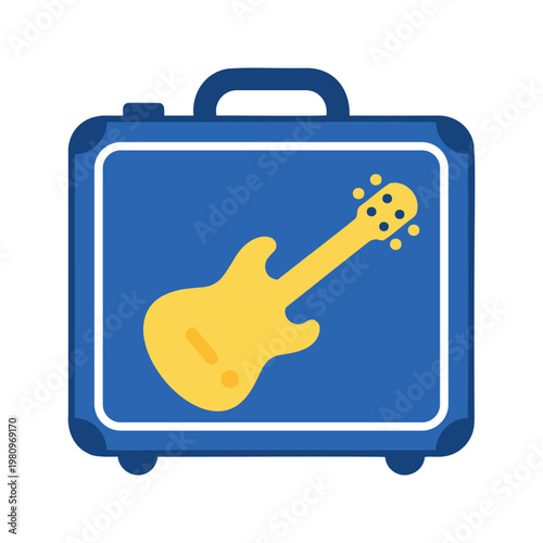 Suitcase with a guitar painted on it in a blue and yellow color scheme
