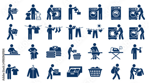 Collection of laundry icons representing various household chores like washing drying folding ironing and carrying clothes for domestic cleaning and home organization
