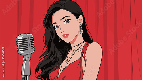 Illustration of a Woman Singing with Microphone