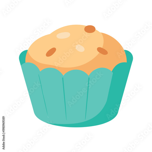 Illustration of a delicious muffin in a turquoise wrapper with toppings