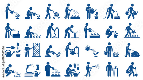 Gardening icons set showing various activities like watering plants, using hose, and tending to flowers and vegetables in a garden setting