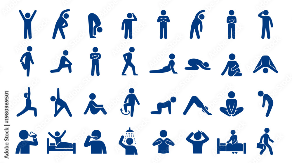 Fototapeta premium Collection of diverse stick figure icons representing daily activities and exercises for health and wellness concepts