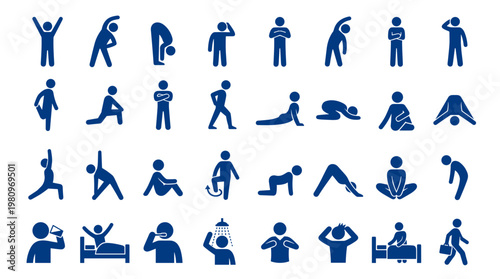Collection of diverse stick figure icons representing daily activities and exercises for health and wellness concepts