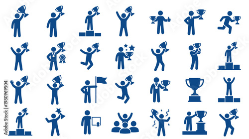 Obraz na płótnie Collection of blue icons celebrating success achievement and victory with trophi