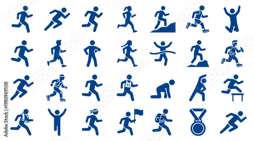 Collection of diverse running icons and silhouettes depicting athletes in motion, celebrating victory, and participating in races, symbolizing fitness and competition