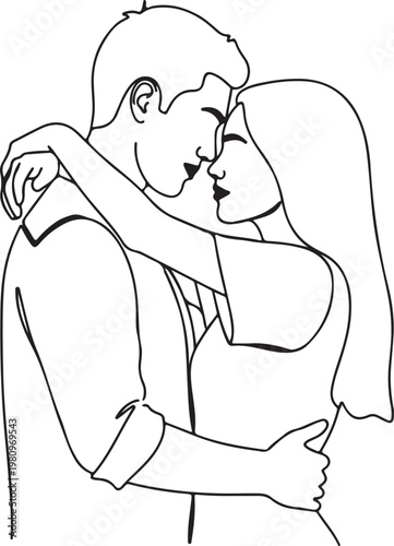 Romantic couple embracing, loving relationship illustration, tender moment, line art