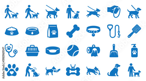 Collection of blue dog care and pet icons representing walking feeding grooming and health services for canine companions