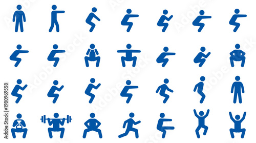 Collection of blue human icons representing various exercises and fitness activities like squats and weightlifting, symbolizing health and workout routines.