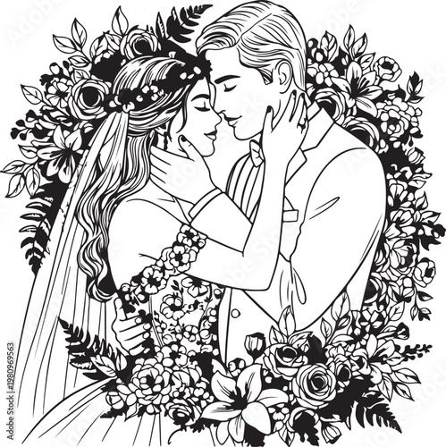 Romantic wedding couple illustration, loving bride and groom, floral wreath, black and white vector