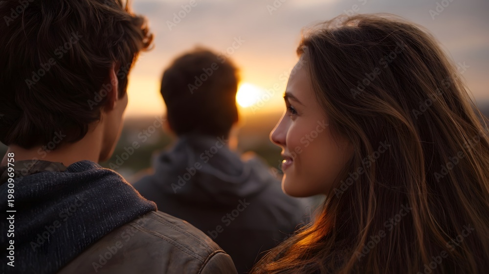 Fototapeta premium Two companions sharing a peaceful and joyful moment while watching a breathtaking sunset over the horizon