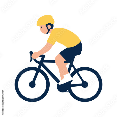 Person riding a bike with a yellow helmet and t-shirt on a white background