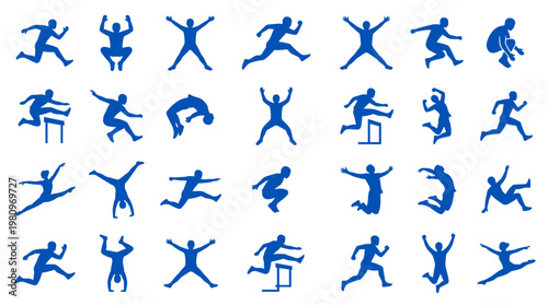 Collection of blue silhouette icons representing various athletic actions like jumping running hurdles and gymnastics showcasing dynamic movement and sports activities
