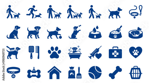 Collection of blue dog icons representing pet care activities like walking, grooming, feeding, playing, and veterinary services on a white background